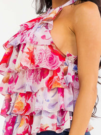 WOMEN'S SLEEVELESS HALTER NECK OPEN BACK RUFFLE TIERED FLORAL TOP