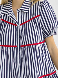 WOMEN'S SHORT SLEEVE BUTTON UP COLORBLOCK STRIPES MINI DRESS