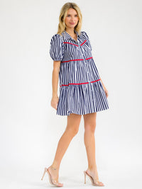 WOMEN'S SHORT SLEEVE BUTTON UP COLORBLOCK STRIPES MINI DRESS