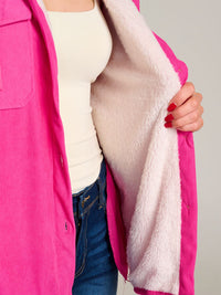 WOMEN'S LONG SLEEVE BUTTON CLOSURE POCKETS HOODED SHERPA CORDUROY JACKET