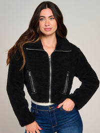 WOMEN'S LONG SLEEVE ZIP UP POCKETS SHERPA JACKET