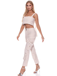 WOMEN'S CROP TOP & BUTTON CLOSURE PANTS LINEN 2PC SET