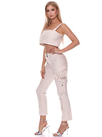 WOMEN'S CROP TOP & BUTTON CLOSURE PANTS LINEN 2PC SET
