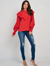 WOMEN'S LONG SLEEVE BUTTON CLOSURE RUFFLE EYELET BLOUSE