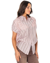 WOMEN'S SHORT SDJUSTABLE SLEEVE BUTTON UP RHINESTONES DETAILED STRIPES BLOUSE