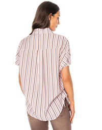 WOMEN'S SHORT SDJUSTABLE SLEEVE BUTTON UP RHINESTONES DETAILED STRIPES BLOUSE