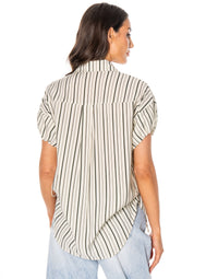 WOMEN'S SHORT SDJUSTABLE SLEEVE BUTTON UP RHINESTONES DETAILED STRIPES BLOUSE