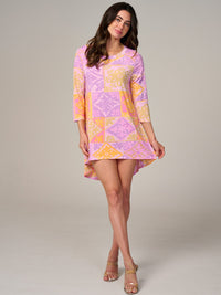 WOMEN'S 3/4 SLEEVE HIGH-LOW MULTI PRINT TUNIC BLOUSE