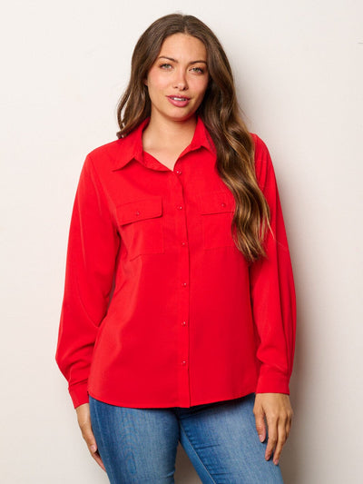 WOMEN'S LONG SLEEVE BUTTON UP FRONT POCKETS BLOUSE TOP