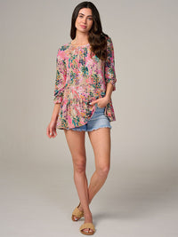 WOMEN'S 3/4 SLEEVE FLORAL PRINT TUNIC BLOUSE