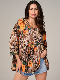 WOMEN'S 3/4 SLEEVE V-NECK ANIMAL PRINT FLORAL TUNIC BLOUSE