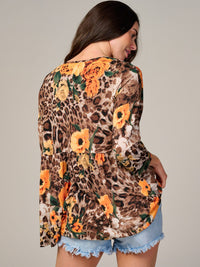WOMEN'S 3/4 SLEEVE V-NECK ANIMAL PRINT FLORAL TUNIC BLOUSE