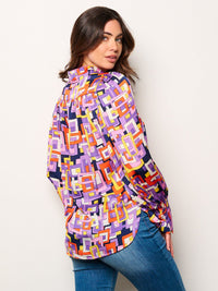 WOMEN'S LONG SLEEVE BUTTON UP MULTI PRINT BLOUSE TOP