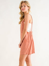 WOMEN'S SLEEVELESS FRONT POCKET LINEN OVERALL ROMPER