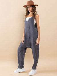 WOMEN'S SLEEVELESS FRONT V-NECK POCKET STRAIGHT LEG RIBBED JUMPSUIT