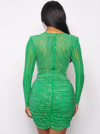 WOMEN'S LONG SLEEVE V-NECK BODYCON STUDS MESH MINI DRESS