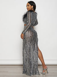 WOMEN'S LONG SLEEVE CROP TOP & ZIP UP MAXI SKIRT FEATHER SEQUINS 2PC. SET