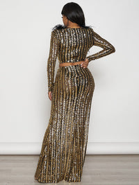 WOMEN'S LONG SLEEVE CROP TOP & ZIP UP MAXI SKIRT FEATHER SEQUINS 2PC. SET