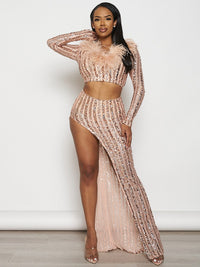 WOMEN'S LONG SLEEVE CROP TOP & ZIP UP MAXI SKIRT FEATHER SEQUINS 2PC. SET