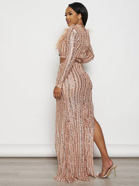 WOMEN'S LONG SLEEVE CROP TOP & ZIP UP MAXI SKIRT FEATHER SEQUINS 2PC. SET