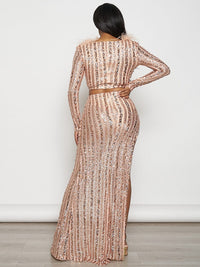 WOMEN'S LONG SLEEVE CROP TOP & ZIP UP MAXI SKIRT FEATHER SEQUINS 2PC. SET
