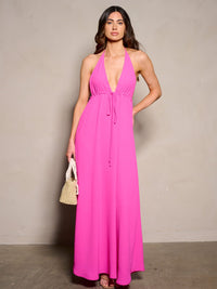 WOMEN'S SLEEVELESS NECK TIE OPEN BACK V-NECK MAXI DRESS