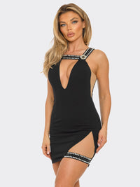 WOMEN'S SLEEVELESS V-NECK MESH STUDS BODYCON MINI DRESS