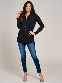 WOMEN'S LONG SLEEVE BUTTON CLOSURE FRONT POCKET RIBBED TOP