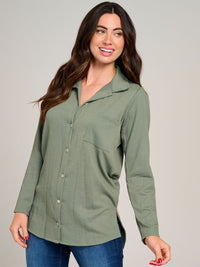 WOMEN'S LONG SLEEVE BUTTON CLOSURE FRONT POCKET RIBBED TOP
