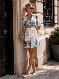 WOMEN'S SHORT SLEEVE BUTTON UP SELF TIE FRONT POCKETS MULTI PRINT MINI DRESS