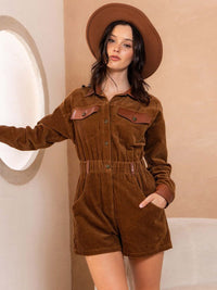 WOMEN'S LONG SLEEVE BUTTON UP POCKETS ELASTIC WAIST CORDUROY ROMPER