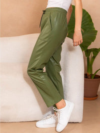 WOMEN'S ELASTIC WAIST POCKETS PU PLEATHER STRAIGHT LEG PANTS