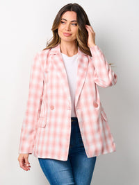 WOMEN'S LONG SLEEVE COLORBLOCK BUTTON CLOSURE PLAID BLAZER