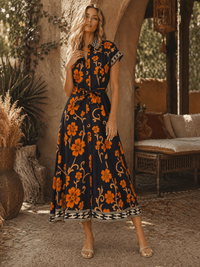 WOMEN'S SHORT SLEEVE SELF TIE BUTTON UP FLORAL PRINT MAXI DRESS