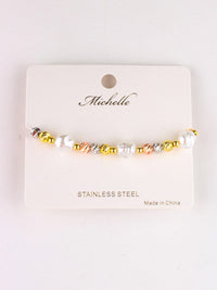FASHION STAINLESS STEEL COLORBLOCK PEARL BRACELET