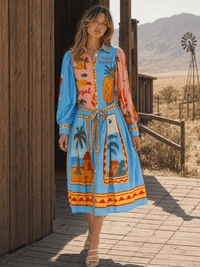 WOMEN'S LONG SLEEVE SELF TIE BUTTON UP MULTI PRINT MIDI DRESS