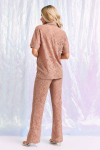 WOMEN'S SHORT SLEEVE BUTTON UP BLOUSE & ELASTIC WAIST BELL LEG PANTS LACE 2PC. SET