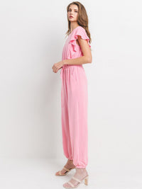 WOMEN'S SHORT SLEEVE RUFFLE ELASTIC WAIST FRONT POCKETS JOGGER JUMPSUIT
