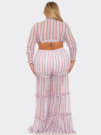PLUS SIZE LONG SLEEVE CROP TOP & ELASTIC WAIST PANTS TIERED STRIPES 2PC. SET
