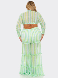 PLUS SIZE LONG SLEEVE CROP TOP & ELASTIC WAIST PANTS TIERED STRIPES 2PC. SET