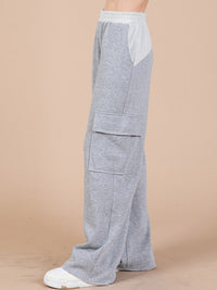 WOMEN'S ELASTIC WAIST CARGO POCKETS WIDE LEG PANTS