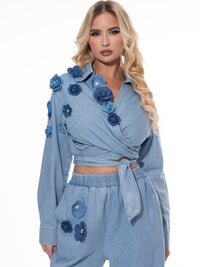WOMEN'S LONG SLEEVE WRAP FLORAL DENIM BLOUSE
