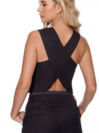 WOMEN'S SLEEVELESS OPEN BACK V-NECK BUTTON UP SHIMMER STRIPES TOP