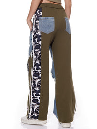 WOMEN'S ELASTIC WAIST POCKETS WIDE LEG CAMO PRINT DENIM PANTS