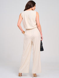 WOMEN'S SLEEVELESS TANK TOP & BUTTON CLOSURE PANTS EMBROIDERY LINEN 2PC. SET