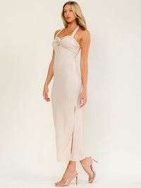 WOMEN'S SLEEVELESS HALTER NECK SIDE SLIT RIBBED BODYCON MAXI DRESS