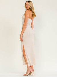 WOMEN'S SLEEVELESS HALTER NECK SIDE SLIT RIBBED BODYCON MAXI DRESS