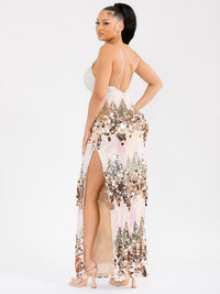 WOMEN'S SLEEVELESS V-NECK OPEN BACK SIDE SLIT SEQUINS BODYCON MAXI DRESS