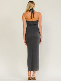 WOMEN'S SLEEVELESS HALTER NECK SIDE SLIT RIBBED BODYCON MAXI DRESS