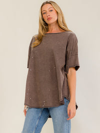 WOMEN'S SHORT SLEEVE HIGH-LOW OVERSIZED WASHED TOP